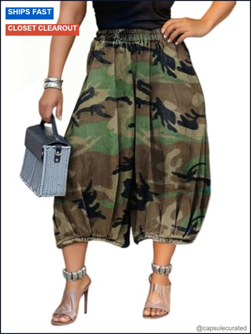 Baggy Camo Cargo Jeans Women Elastic High Rise Wide Leg Cropped